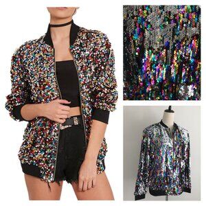 NWT CRESAY Silver Multicolor Sequins Black Lined Long Sleeve Bomber Jacket